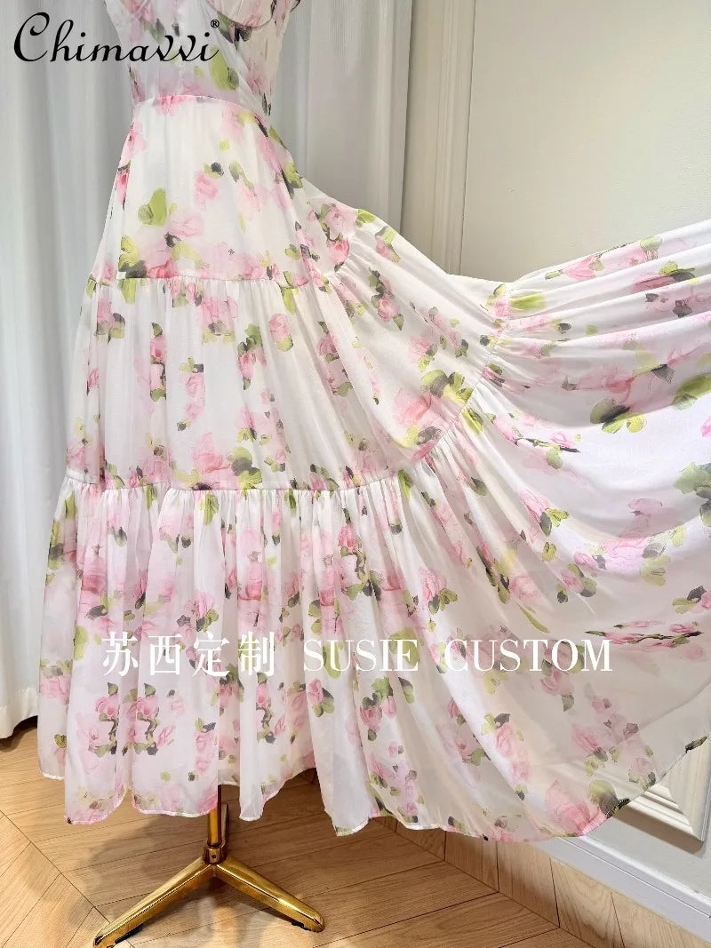 High-end Fashion Design French Fairy Print Padded Bowknot Cami Dress New 2026 Women's Elegant Cinched Waist Maxi Dress Vacation
