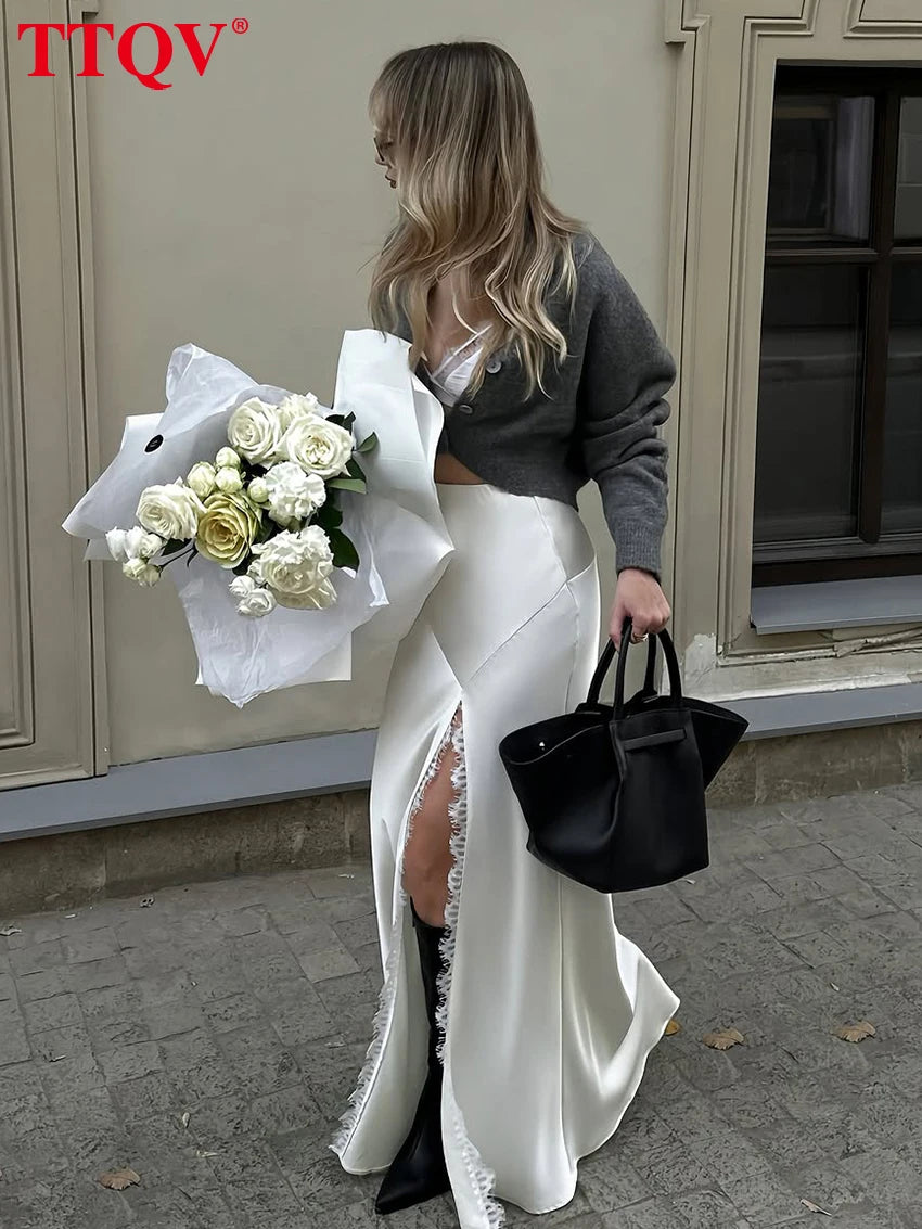 Elegant High Waist Floor Length Satin Skirt for Women