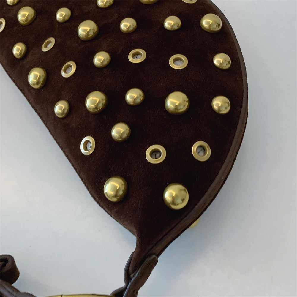 Faux Suede Rivet Half Moon Shoulder Bag for Women