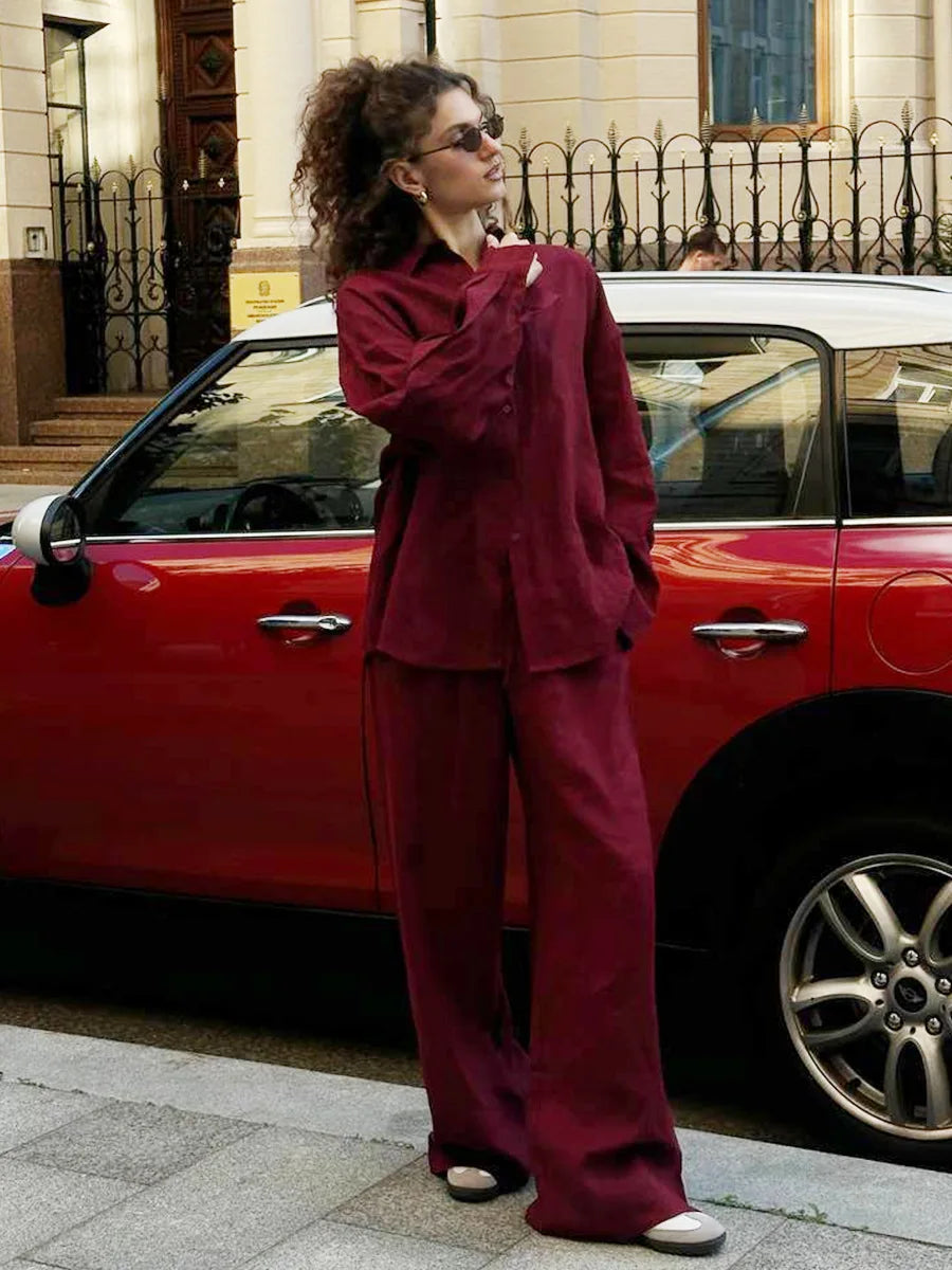 Casual Cotton Shirt and Elastic Waist Pants Set for Women