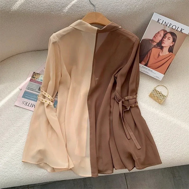 Vintage Contrast V-Neck Chiffon Blouse With Flared Sleeves for Women