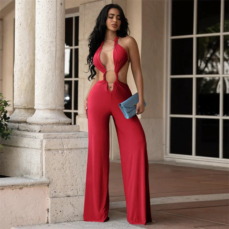 Metal Ring Bandage Hollow Out Halter Backless One Piece Jumpsuit for Women