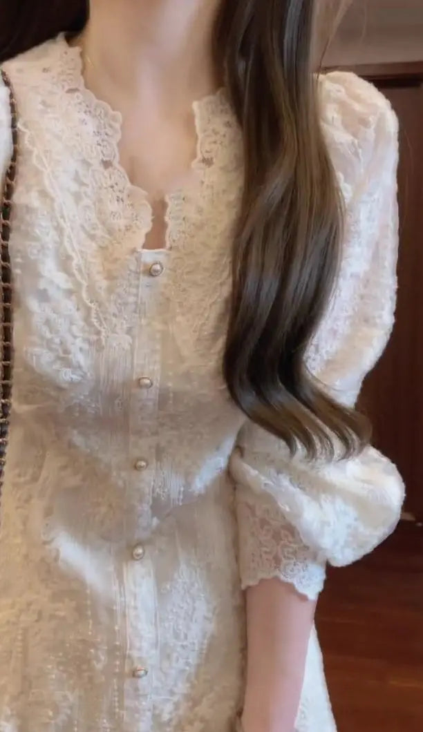 Elegant Lace Embroidered A-Line Dress with Long Sleeve for Women