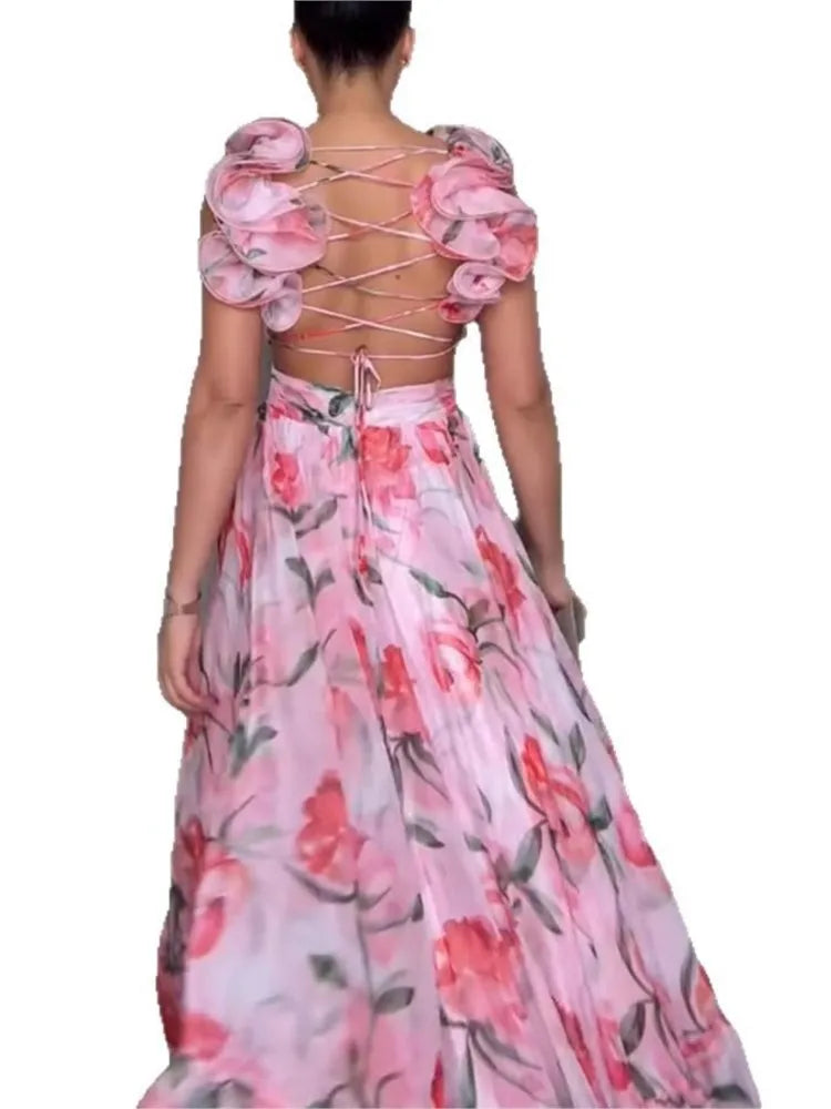 2025 Sexy Printed Chiffon Long Dress Summer Fashion Elegant V Neck Ruffles Edge Slim Vacation Sleeveless Backless Party Dresses