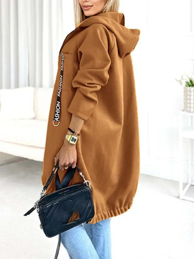 Autumn Winter Pockets Spliced Zipper Coat New Thick Warm Solid Color Women's Jacket Hooded Sports Long Sleeved Lady Outerwear