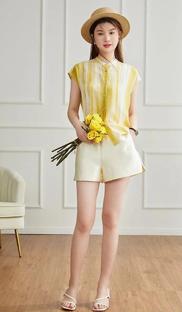 Women's Shirt and Blouse Chiffon Yellow Sleeveless Striped Female Tops Loose Summer Button Up Y2k Fashion Sale of Pretty Xl M