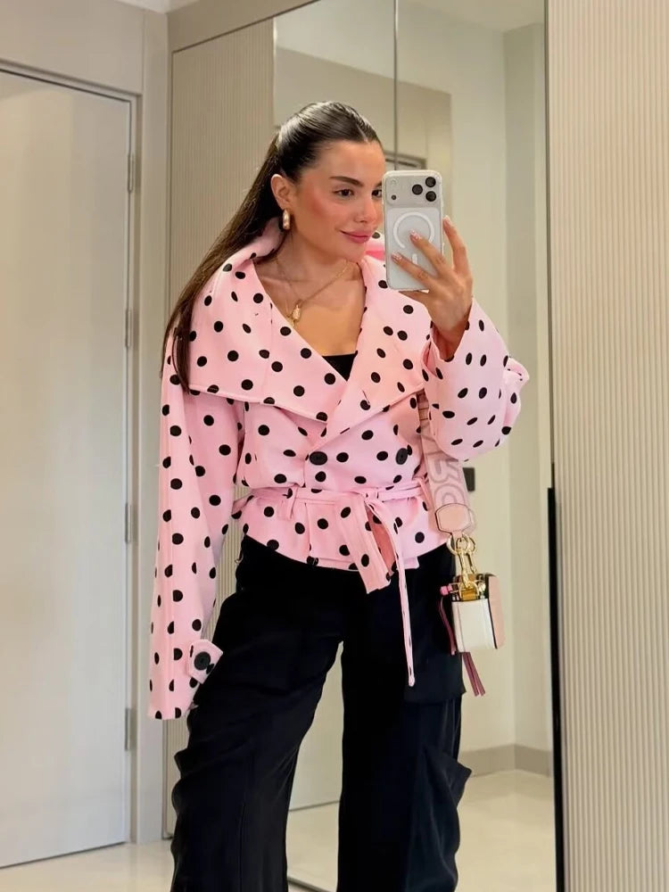 Polka Dot Double Breasted Belted Chic Jacket for Women