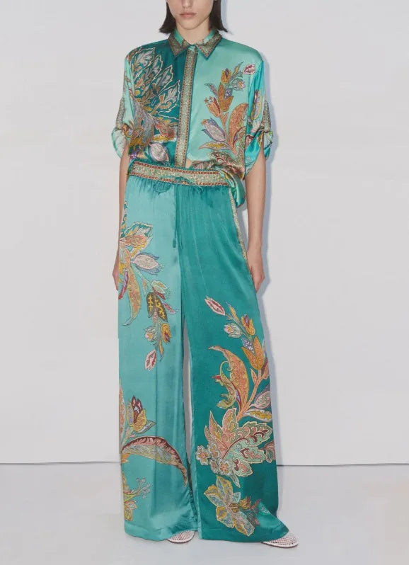 Womens Two Piece Suit Set With Long Sleeve Shirt And Wide Leg Trousers Retro Print Spring Summer Style