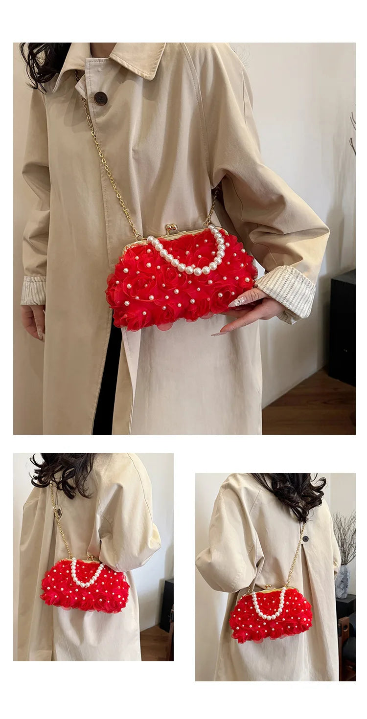 Pearl Floral Chain Evening Crossbody Bag