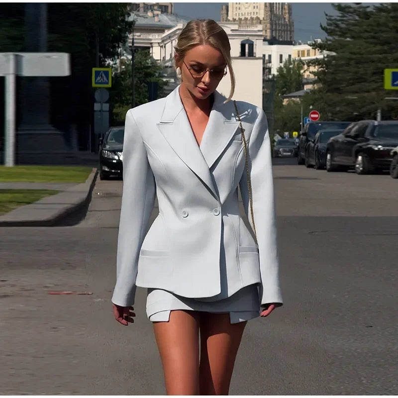 Double-Breasted Blazer and Mini Shorts Set for Women