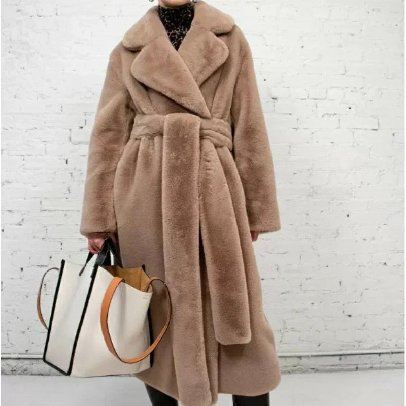 Long Belted Faux Fur Winter Coat