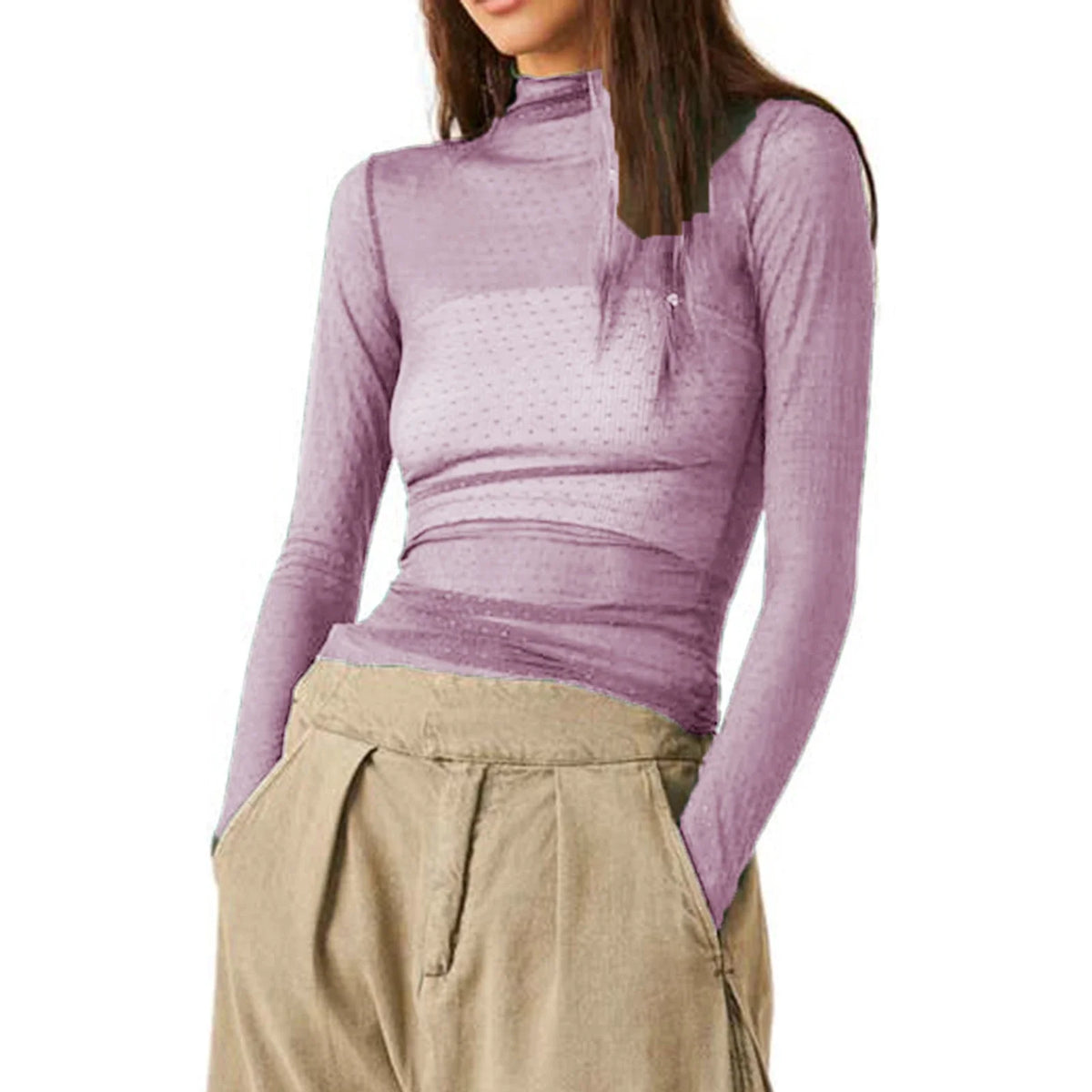 Sheer Mesh Polka Dot Turtleneck Long Sleeve Top for Women