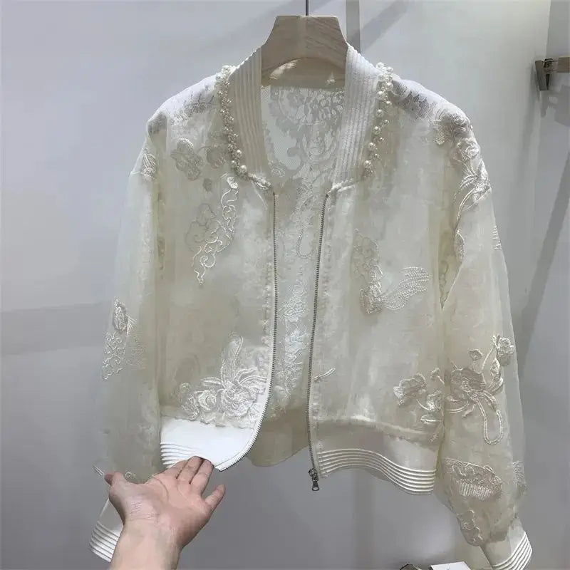 Bead Embroidered Round Neck Baseball Jacket For Women