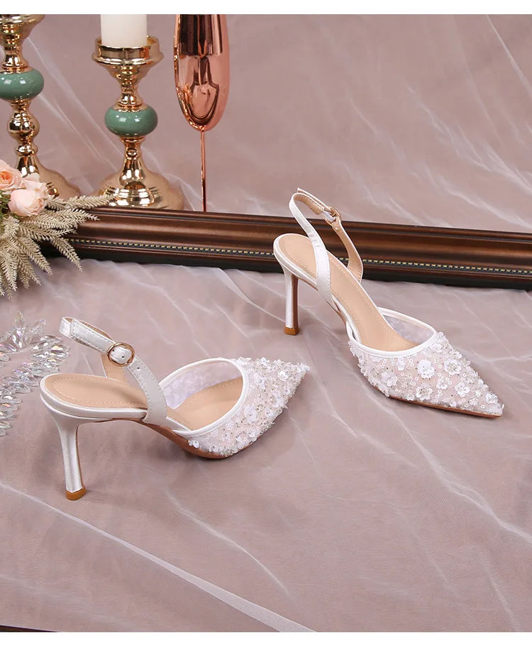Elegant Floral Lace Back Strap High Heel Sandals for Women