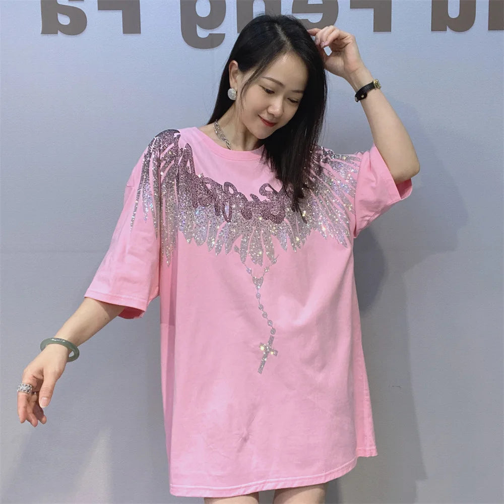 Streetwear New Spring Summer Women Short Sleeve T-shirt Hot Diamonds Wings Mid-long Oversize Pullover Trendy Couple Cotton Tees