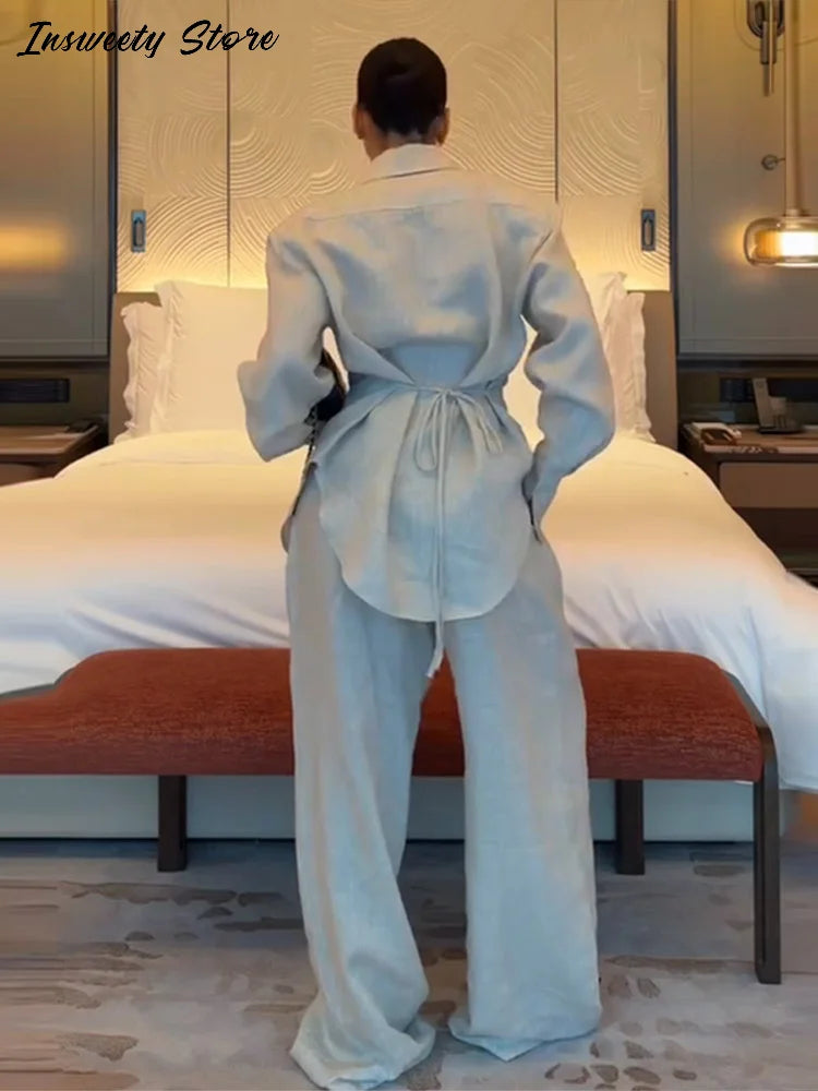 Lace Up Back Lapel Shirt and Loose Pants Set for Women