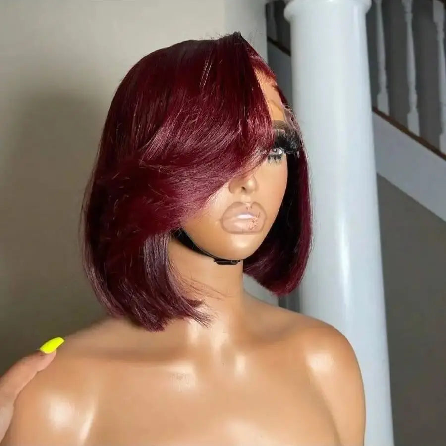 Elegant Burgundy Straight Lace Front Human Hair Bob Wig for Women