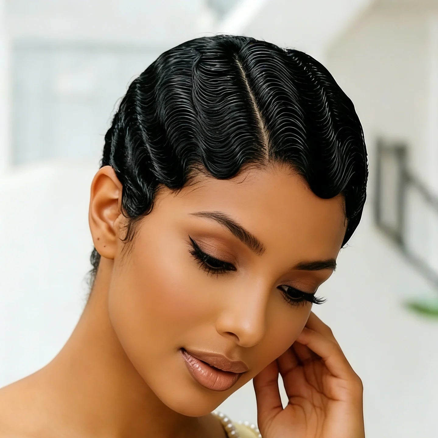 13X4 Lace Front Wig Brazilian Human Hair Finger Wave Short Pixie Cut Wig for Women 180% Density