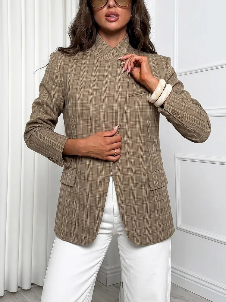 Plaid Stand Collar Long Sleeve Single Button Blazer Coat for Women