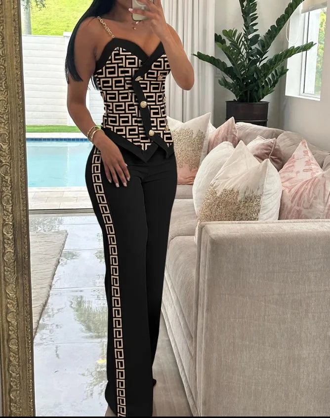V-Neck Metal Suspender Top Two-Piece Set for Women