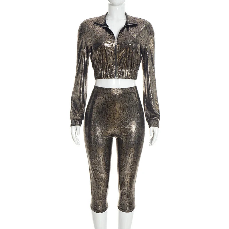 Metallic Leopard Crop Jacket And Pants Set for Women