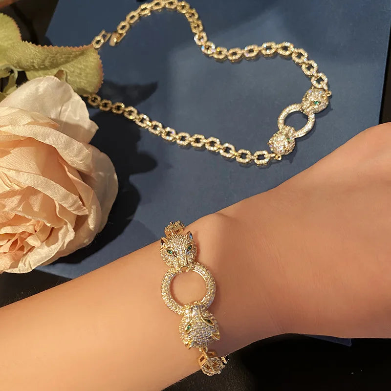 Leopard Zircon Earrings Necklace And Bracelet Set for Women