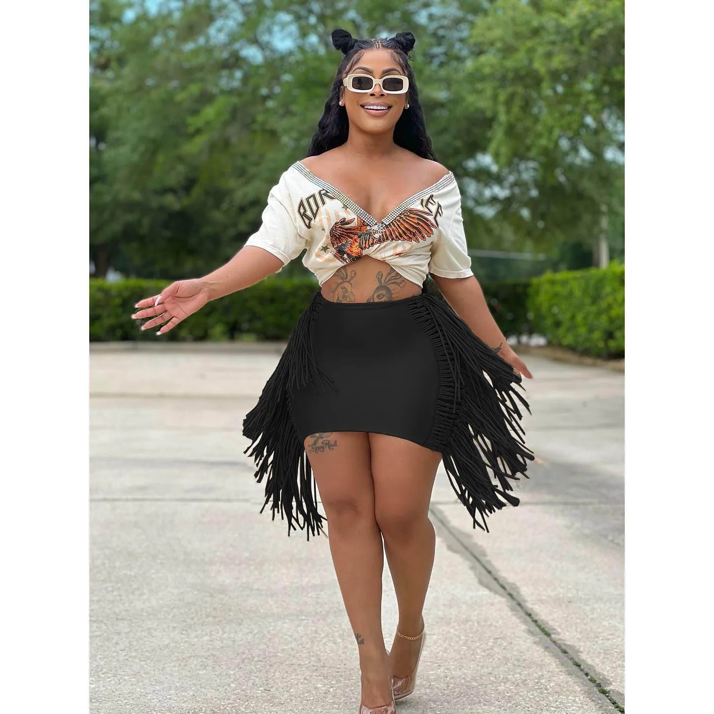 FAGADOER Sexy Tassel Bodycon Mini Skirts Party Club Outfits Women Fashion Chic Streetwear Short Birthday Holidays Skirt Solid