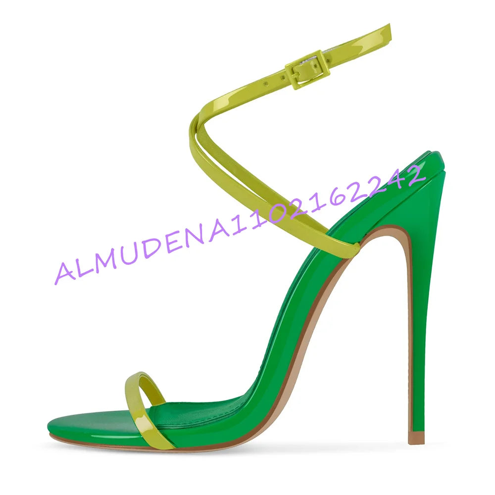 Two-Tone Patent Leather Stiletto Ankle Strap Sandals for Women