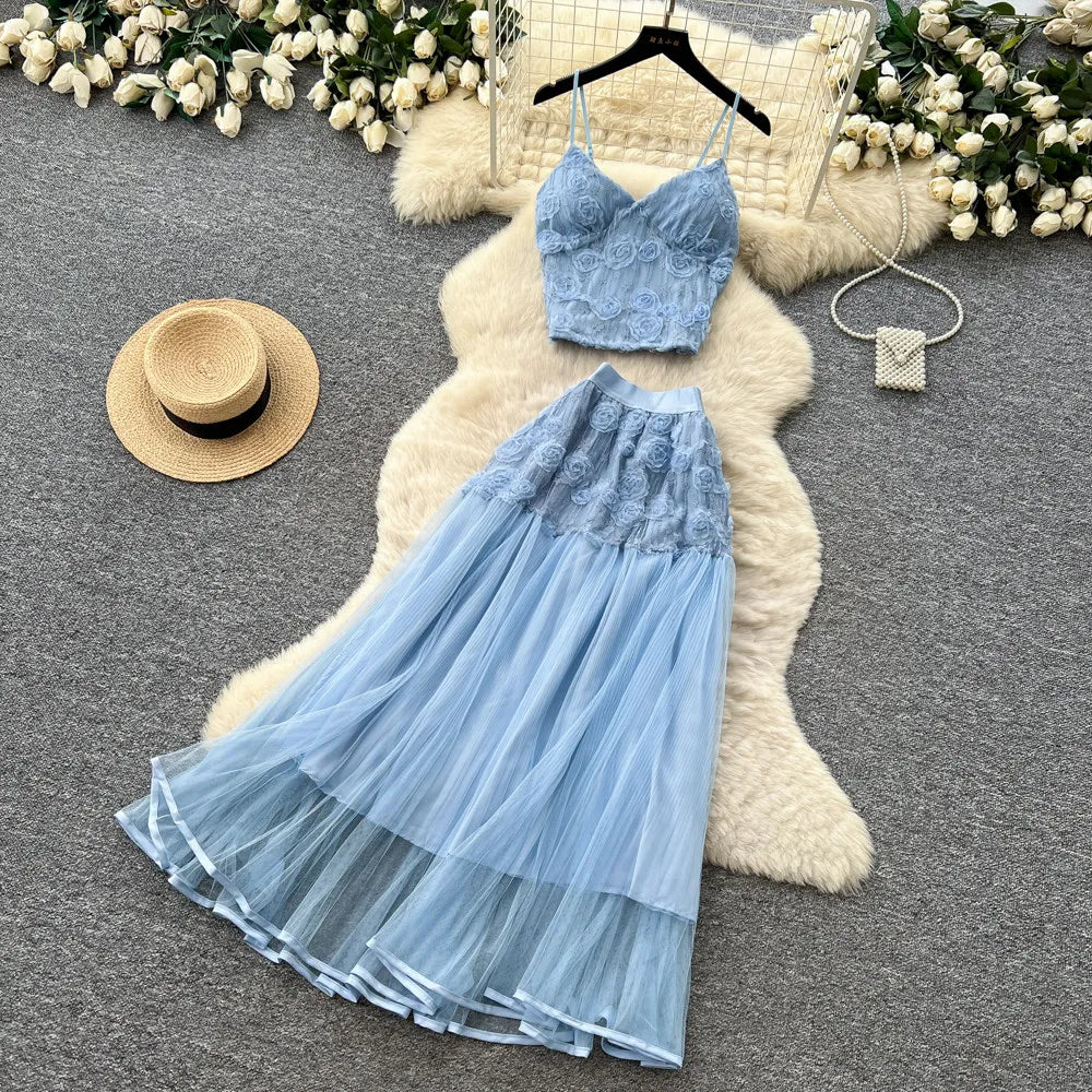 3D Floral Lace Camisole and Pleated Skirt Set for Women