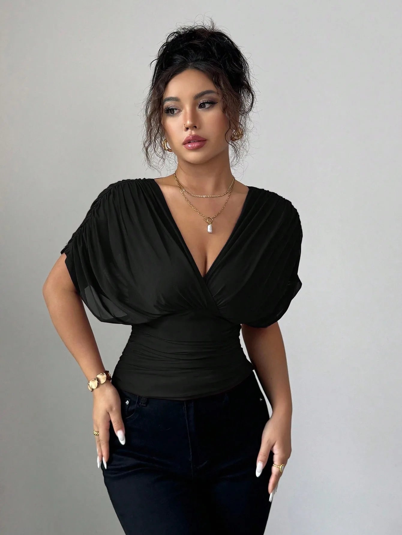 Elegant Deep V Neck Flutter Sleeve Waist Cinching Top for Women