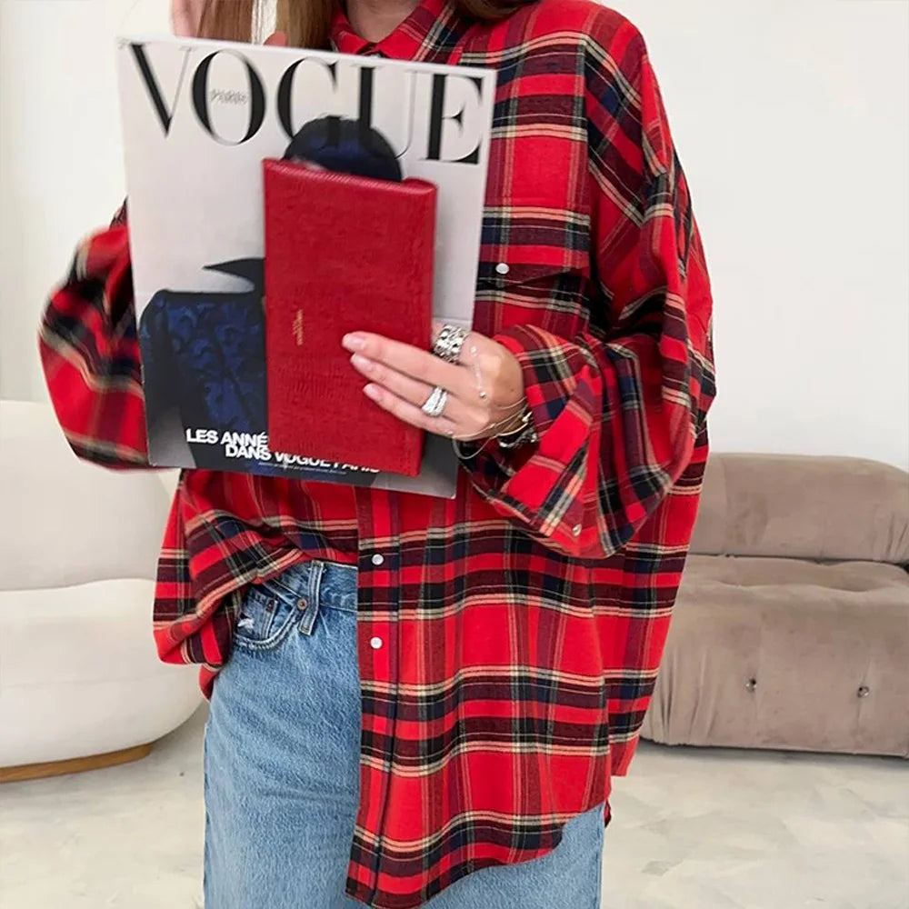 FSMG-Versatile Plaid Shirt For Women, Red Bright Grid, Oversized Blouse, Leisure And Fashionable Top, Spring And Autumn Seasons
