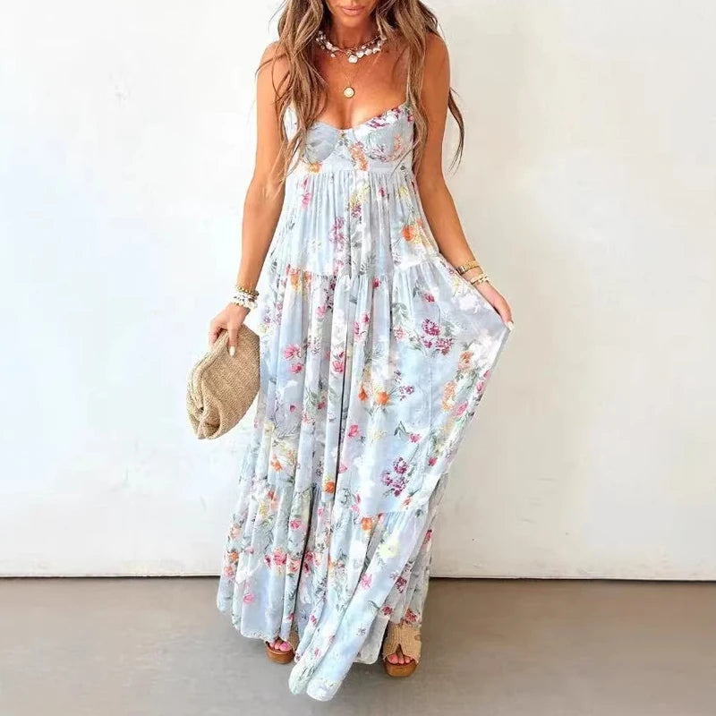 Off Shoulder Pleated Bohemian Maxi Dress for Women