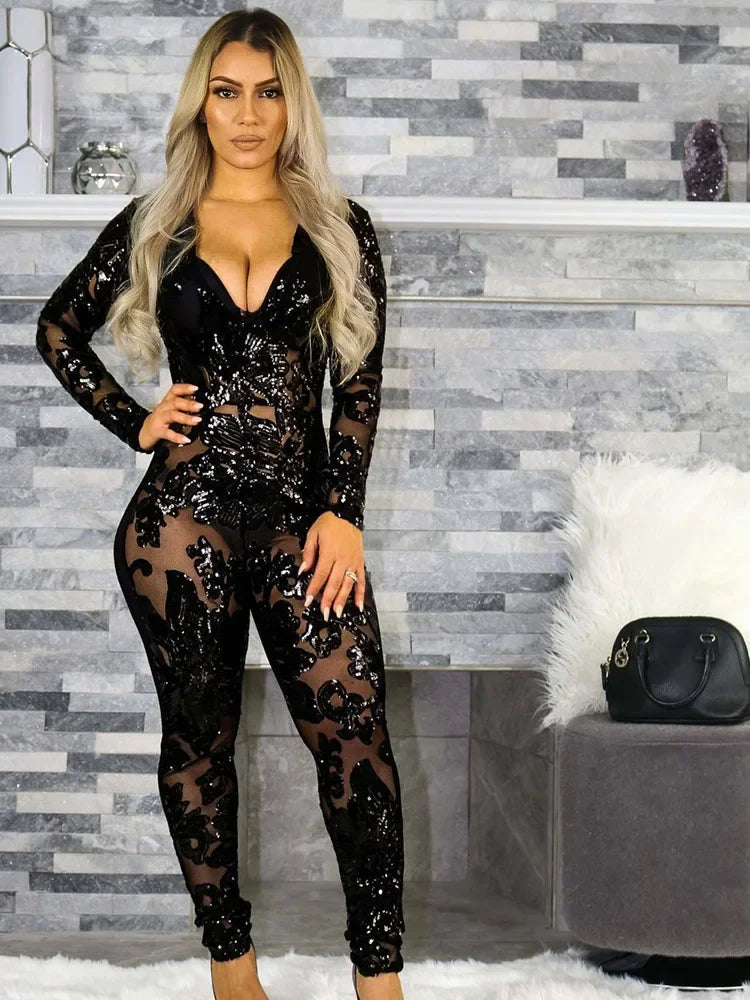 Sparkly Sequin Mesh Patchwork Evening Jumpsuit for Women