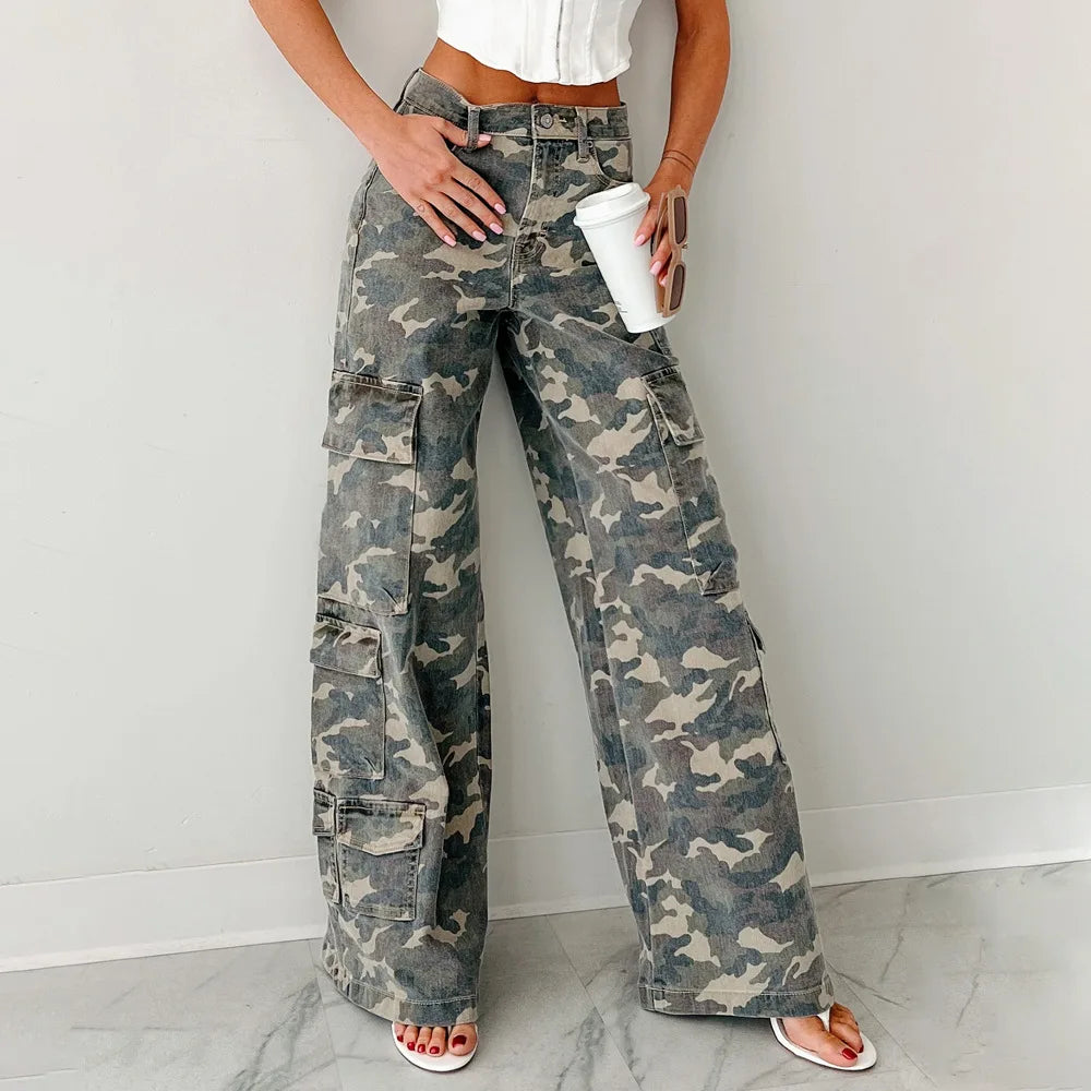 High Waist Camouflage Wide Leg Cargo Pants for Women