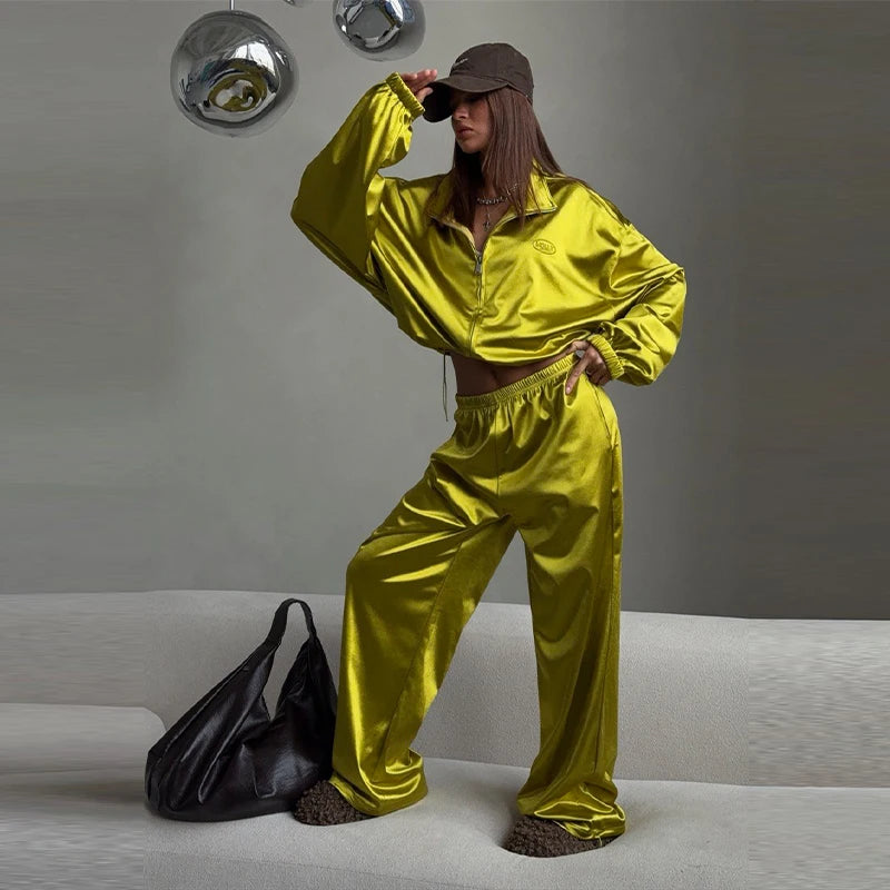 Loose Solid Satin Two Piece Pants Set With Zipper Jacket For Women