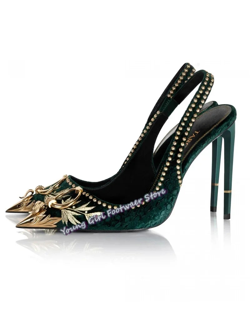 Embroidered Green Sandals With Metal Buckle And Back Strap for Women