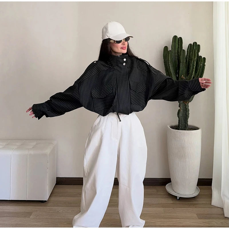 Casual Cropped Jacket With Stand Collar and Drawstring Hem for Women