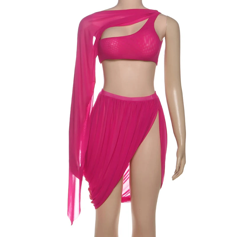 Sheer Long Sleeve Crop Top and Ruched Split Skirt Set for Women