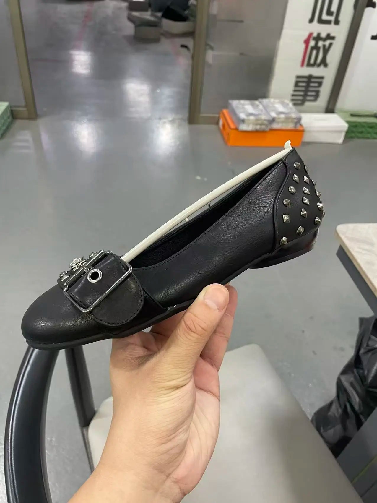 Black Studded Leather Lace Up Round Toe Flat Shoes For Women