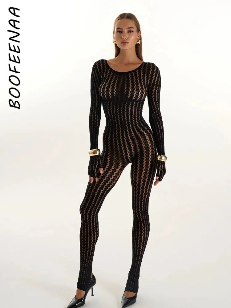 BOOFEENAA See Through Seamless Striped Jacquard One Piece Long Sleeve Jumpsuit Sexy All Black Outfits for Woman Baddie C92-DZ18