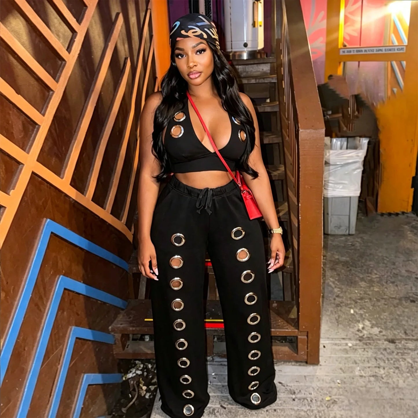 Knit Halter Wide Leg Tracksuit Matching Set for Women