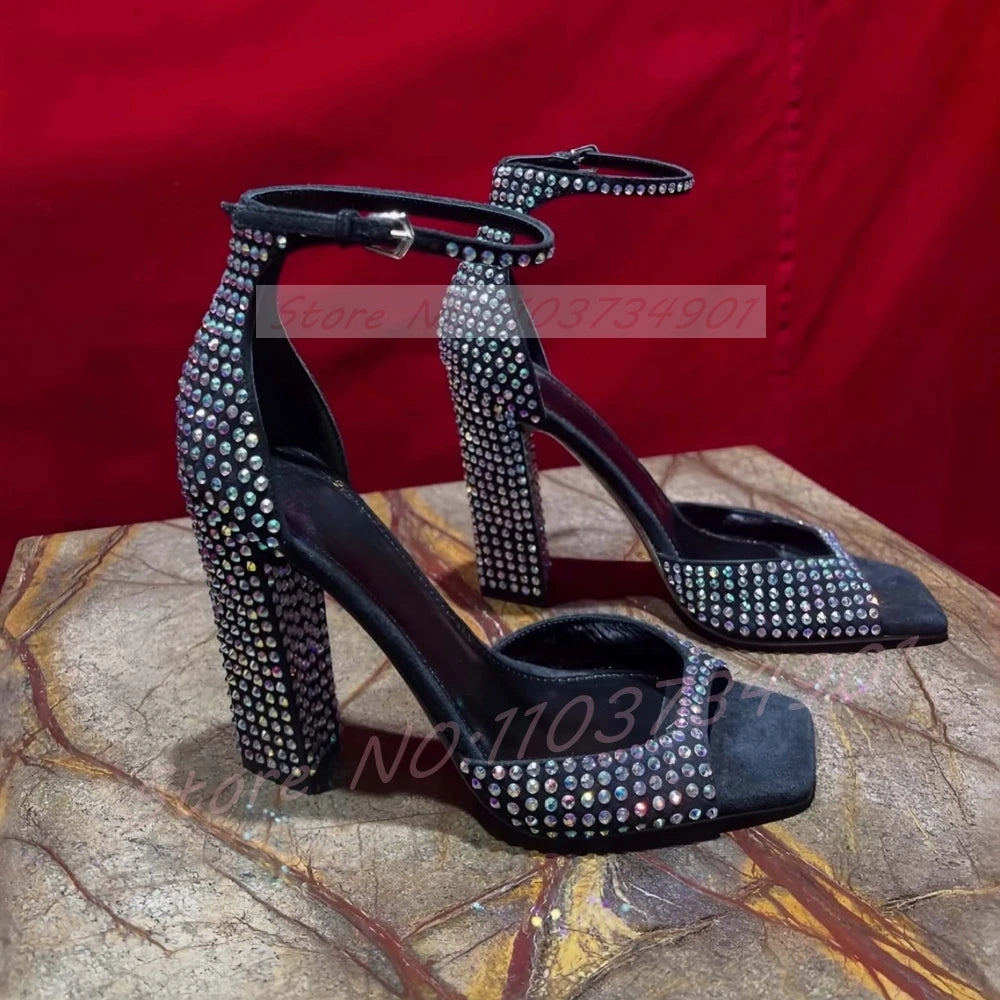 Crystal Embellished Black Suede Ankle Strap Chunky Heel Sandals For Women
