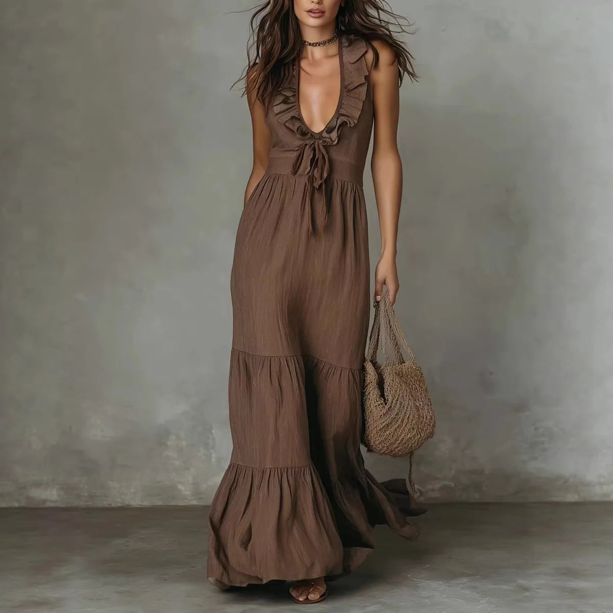 Halter V-Neck Tiered Ruffle Maxi Dress with Tie Waist for Women