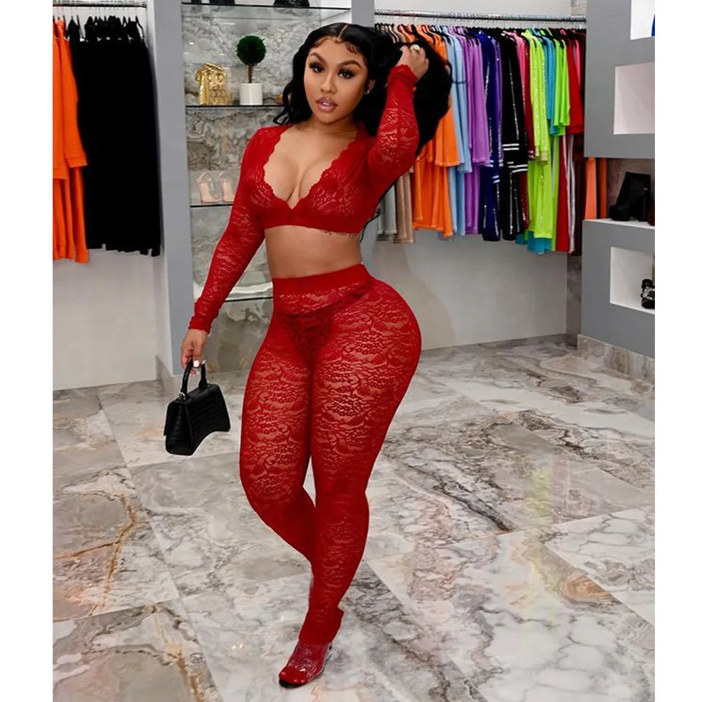 Lace Sheer Two Piece Set With Deep V Crop Tops for Women