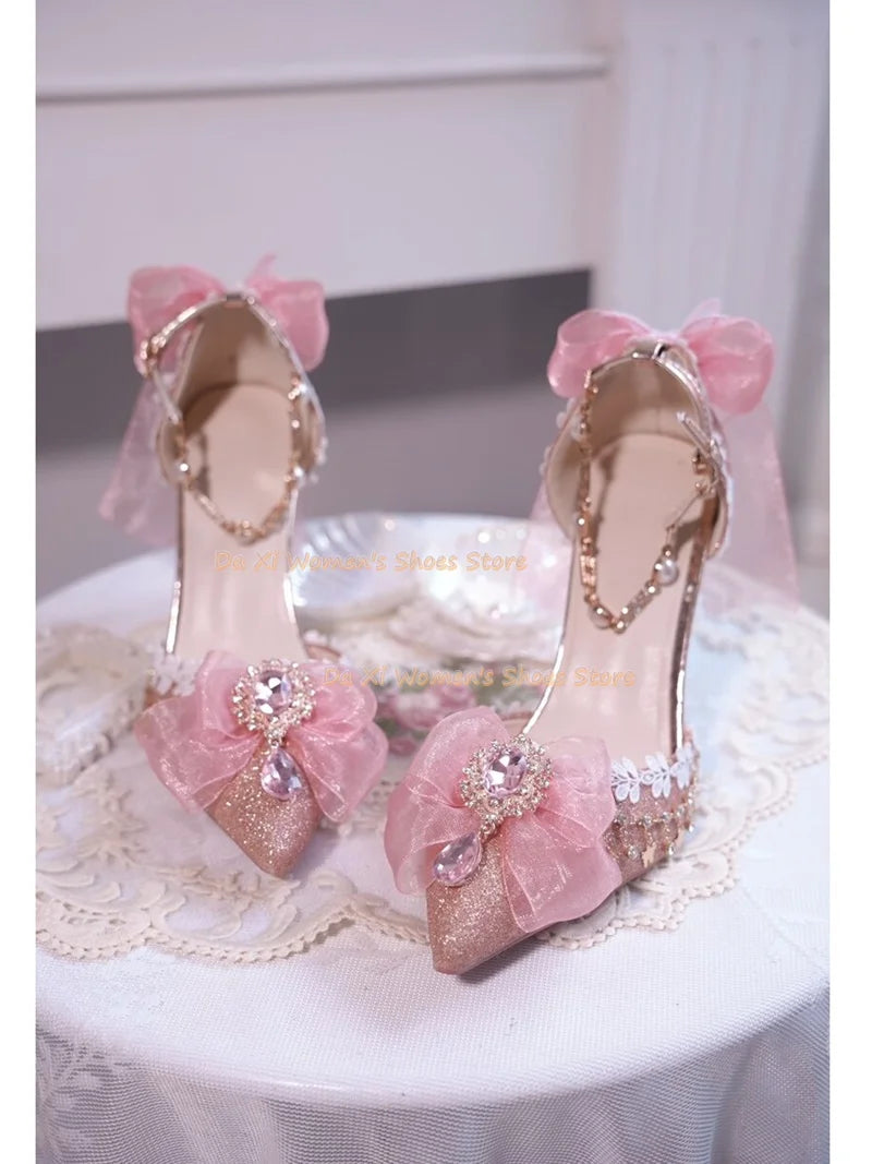 Elegant Pink Bow And Rhinestone Stiletto Wedding Pump For Women