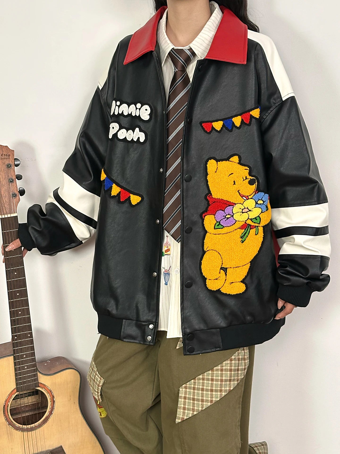 American Retro Bear PU Leather Jacket for Women Autumn and Winter Casual Loose Top Loose-Fitting Casual Couple Leather Jacke