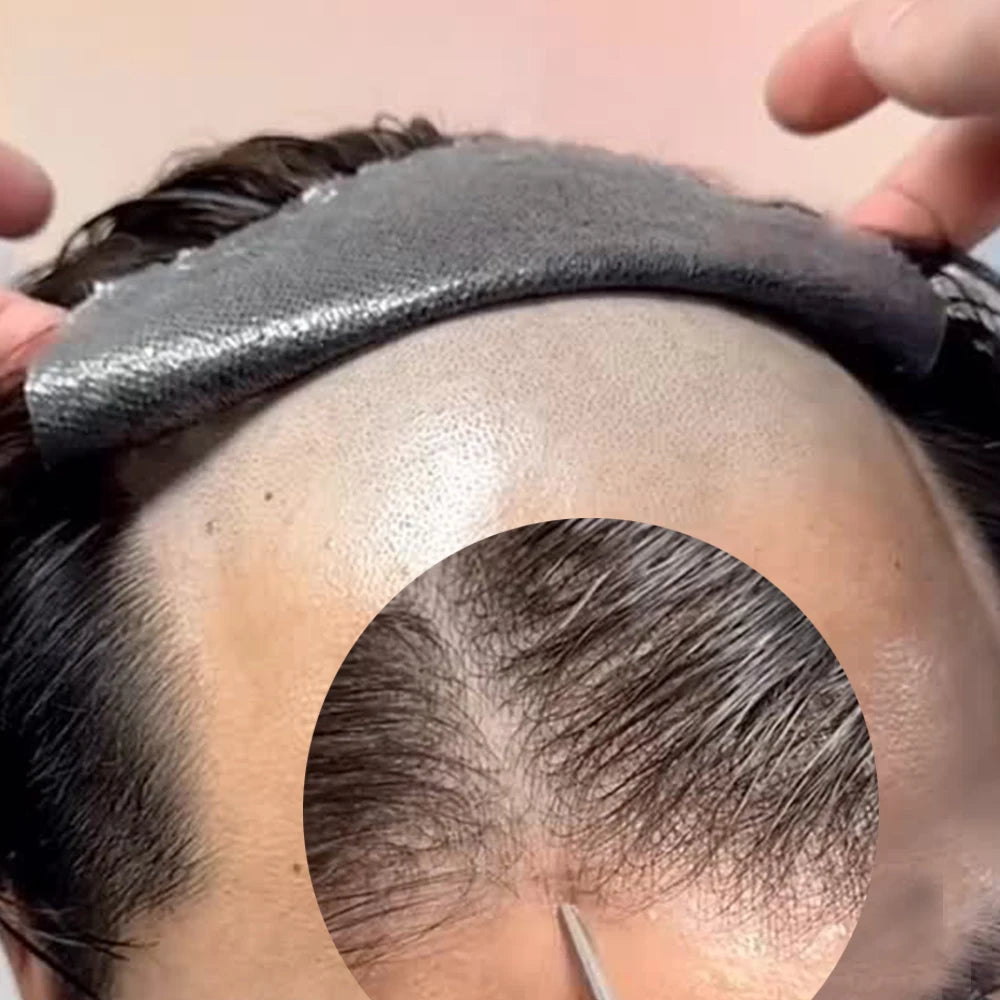 Ultra Thin V Loop Human Hair Toupee With Natural Hairline for Men