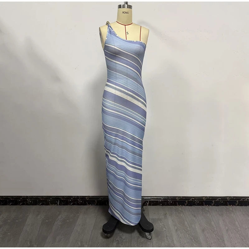 Elegant One Shoulder Printed Mid-Calf Dress for Women