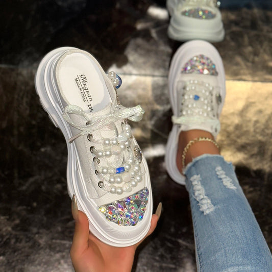 Pearl Crystal Wedge Slides