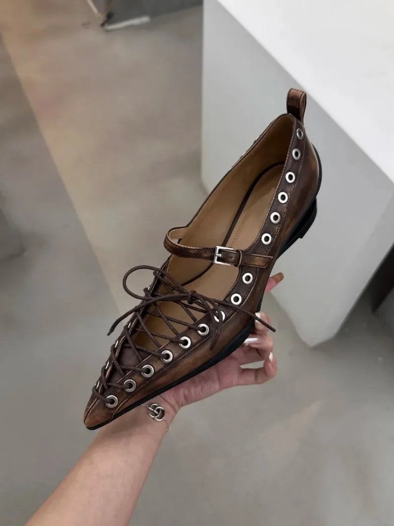 Retro Pointed Toe Lace-Up Rivet Detail Pumps for Women